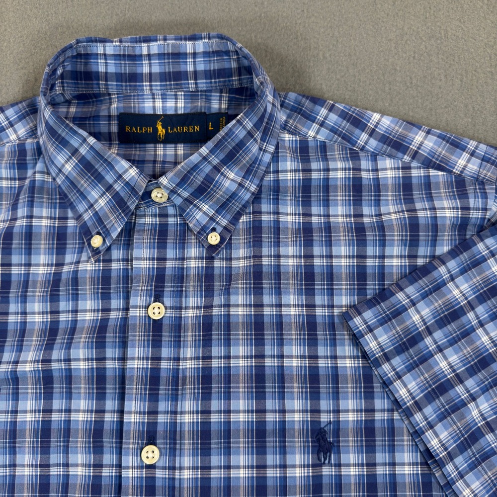 Ralph Lauren Mens Large Blue White Plaid Cotton Short Sleeve Button Down Shirt